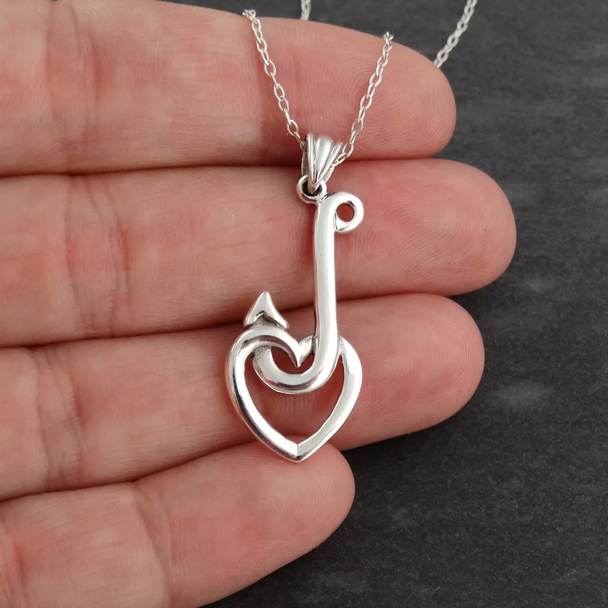 Fish Hook Heart Necklace - 925 Sterling Silver Love Catch Fishing Charm  Pendant