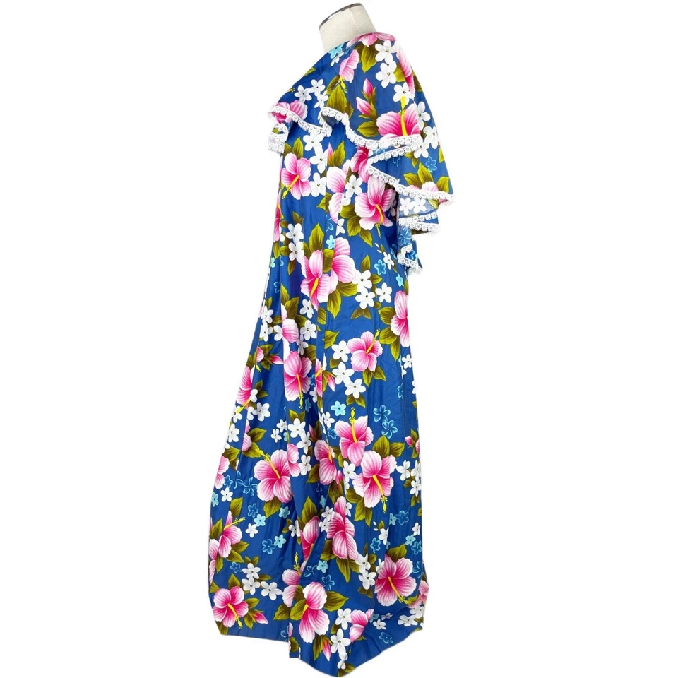Vestido Hawaiano De Colección Años 70 Tiki Personalizado Talla 18 Harriets of Hawaii Azul Hisbiscus Foto 3 de 4