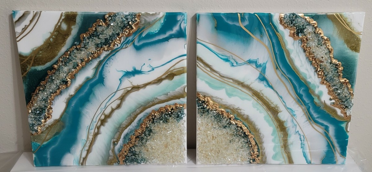 Handmade Geode Art 3D Ocean Turquoise Gold White Resin Painting