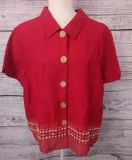 Field Manor Blouse Jacket Woman XL Red Beaded Hem Linen Blend Casual Chic