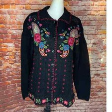 Vintage Beldoch Popper Cottage Core Button Down Floral Embroidered Cardigan Sz S