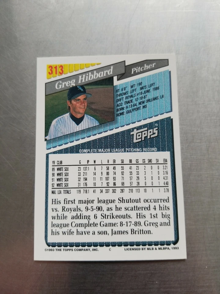 1993 TOPPS GOLD BASEBALL CARD GREG HIBBARD #313 - Image 2 of 2