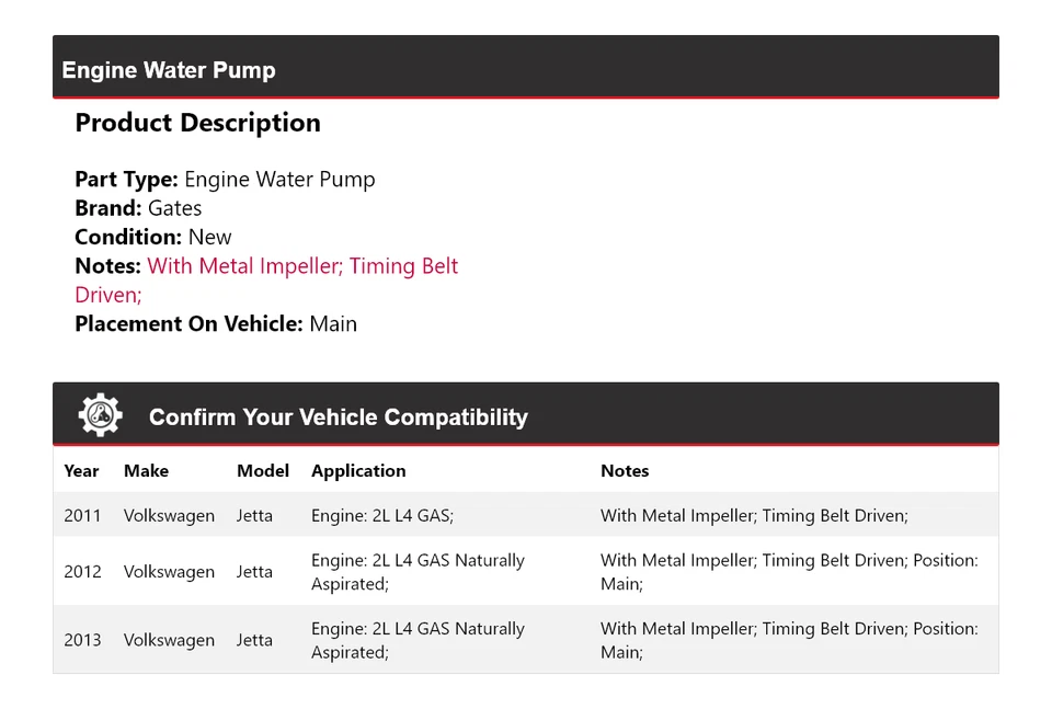 For 2011-2013 Volkswagen Jetta Engine Water Pump Gates 2012 - Image 2 of 4