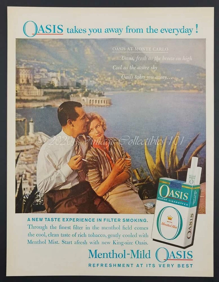 1959 Oasis Cigarettes Pareja Costa de Monte Carlo foto arte decoración anuncio impreso vintage Foto 2 de 4