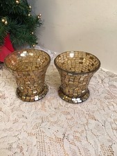 2 Gold Stained Glass Mosaic candle holder- Home Decor- Display - Vase