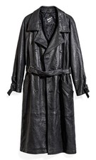 Vintage Tannery West Genuine Black Leather Trench Coat Belted Mens Large Korea