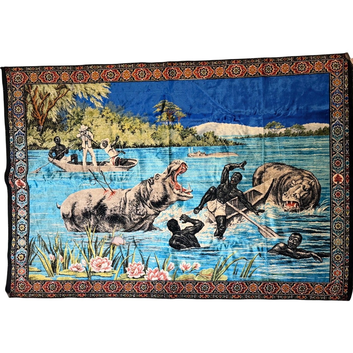 Vintage Velvet Wall Tapestry African Safari Hippo River Scene