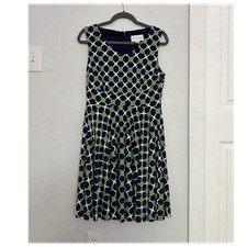 Navy Green White Geometric Fit  Flare Dress Sleeveless excellent
