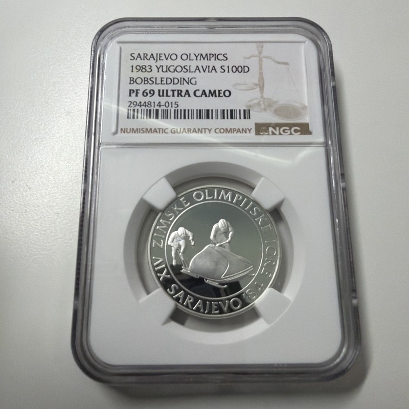 1983 Yugoslavia 100 Dinara Sarajevo Olympics Bobsledding NGC PF69 Ultra Cameo