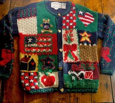 Vintage Eagles Eye Hand Knit Cardigan Sweater Flag Patriotic Cottagecore Grandma