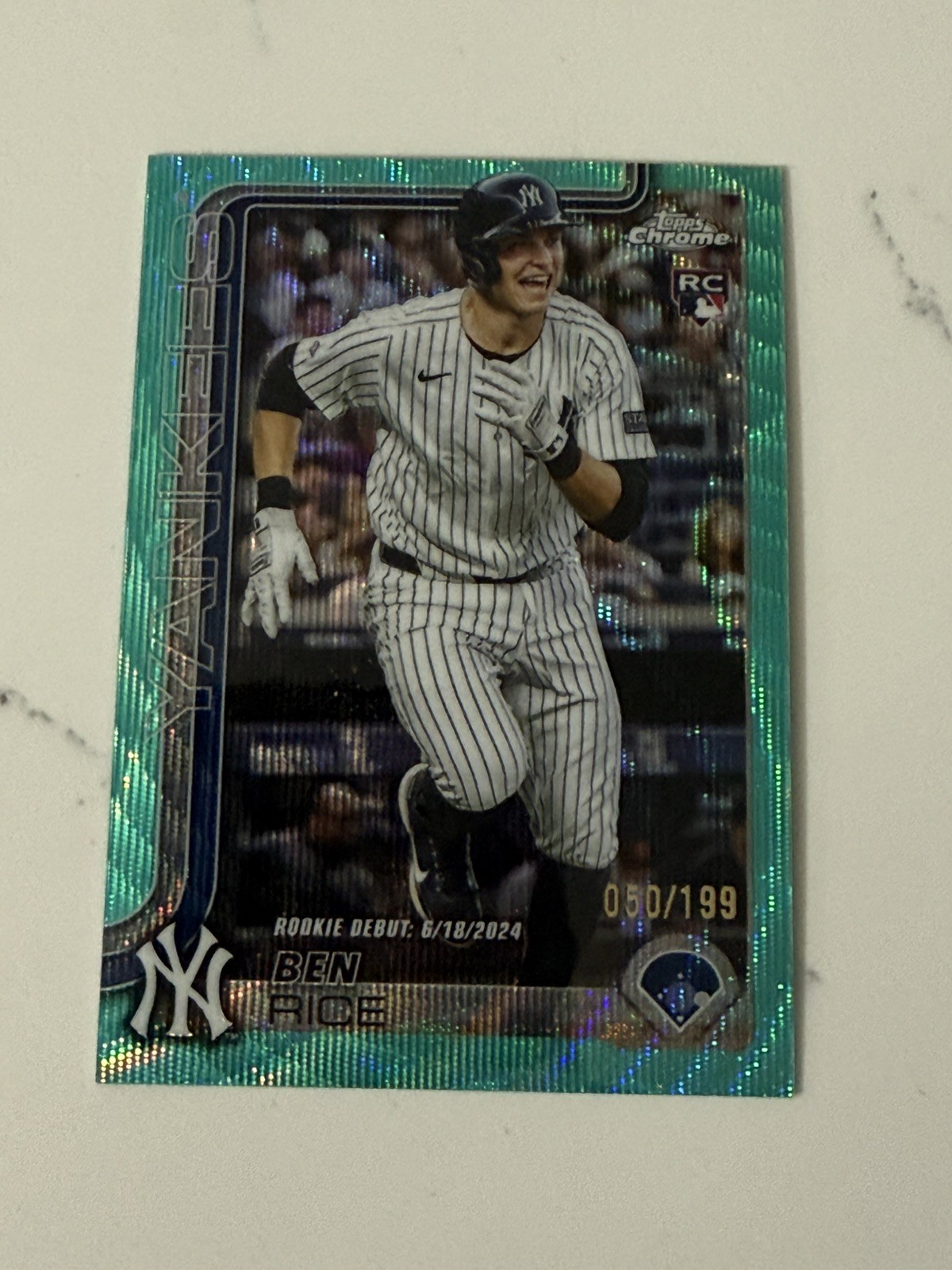 Ben Rice RC 2025 Topps Chrome Update #USC138 Aqua Wave Ref 50/199 NY YANKEES