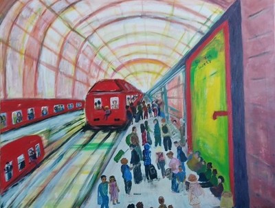 Spannendes Acrylbild von Bahnhofshalle,handgemaltes Einzelstück, Atelier HADASSA