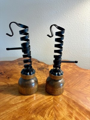 Vintage Iron And Wood Pair Of Two Matching Courting Candle Holders