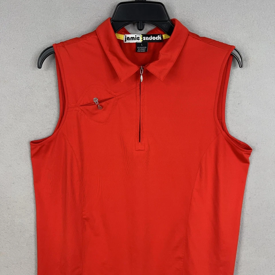 Camisa polo Jamie Sadock para mujer grande roja sin mangas cuarto cremallera golf elástica Foto 2 de 4