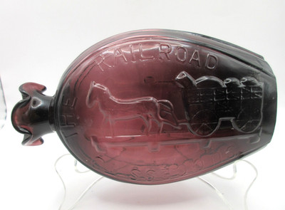 Vtg ''Success to the Railroad'' Flask Pint Purple PONTIL Evident Fluted Horse