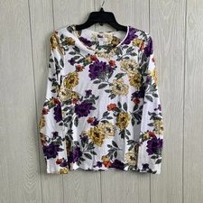 Charter Club White Multicolor Floral Print Long Sleeve Size M