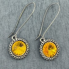 Yellow Crystal Rivoli Silver Tone Long Kidney Wire Dangle Earrings Boho Gift