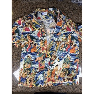 Styled by RJC Hawaiian Shirt Mens XL Blue Cotton Hula Canoe Tropical Made in USA