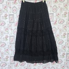 Vintage Bohemian Black Tiered Lace Maxi Skirt Boho Chic Embroidered Sequin Sz M