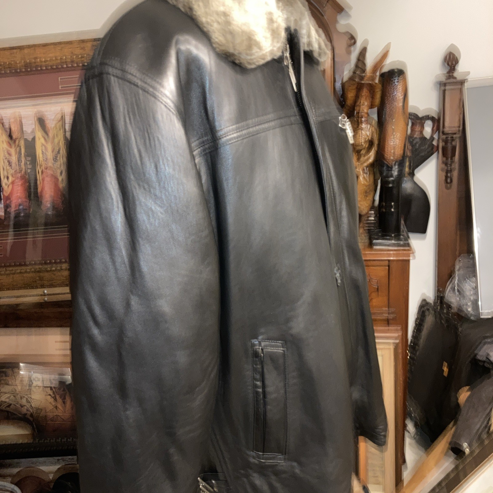 HUGO BOSS Black Leather Shearling Jacket Men’s Size XL (50) image 7