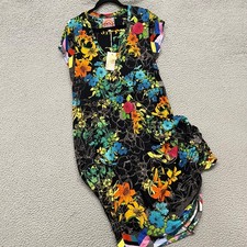 Johnny Was Dress Women L Black Colorful Floral Nero Sequenced Tiered Tea Length