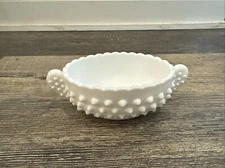 VINTAGE FENTON WHITE MILK GLASS HOBNAIL 3734-MI OVAL TAB HANDLED NUT DISH