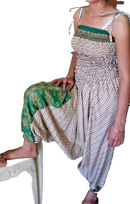 Alibaba - Harems Aladin Hose Overall beige-grün gemustert 38/40 Gummizug Seide 