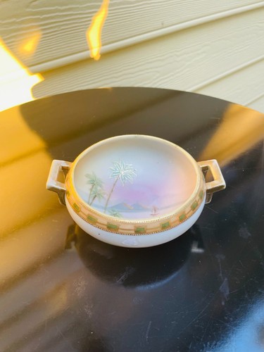 Nippon Painted Sunset Bowl Palm Tree Boat Lake Gold moriage trinket dish pyramid - Picture 9 of 12