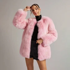 Pink Women Real Natural Fox Fur Coat Winter Warm Overcoat Jacket Full Pelt M