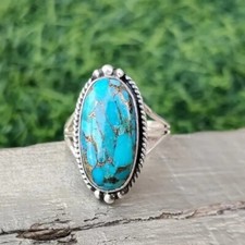 Sterling 925 Silver Handmade Women Ring With Turquoise Oval Shaped Stone