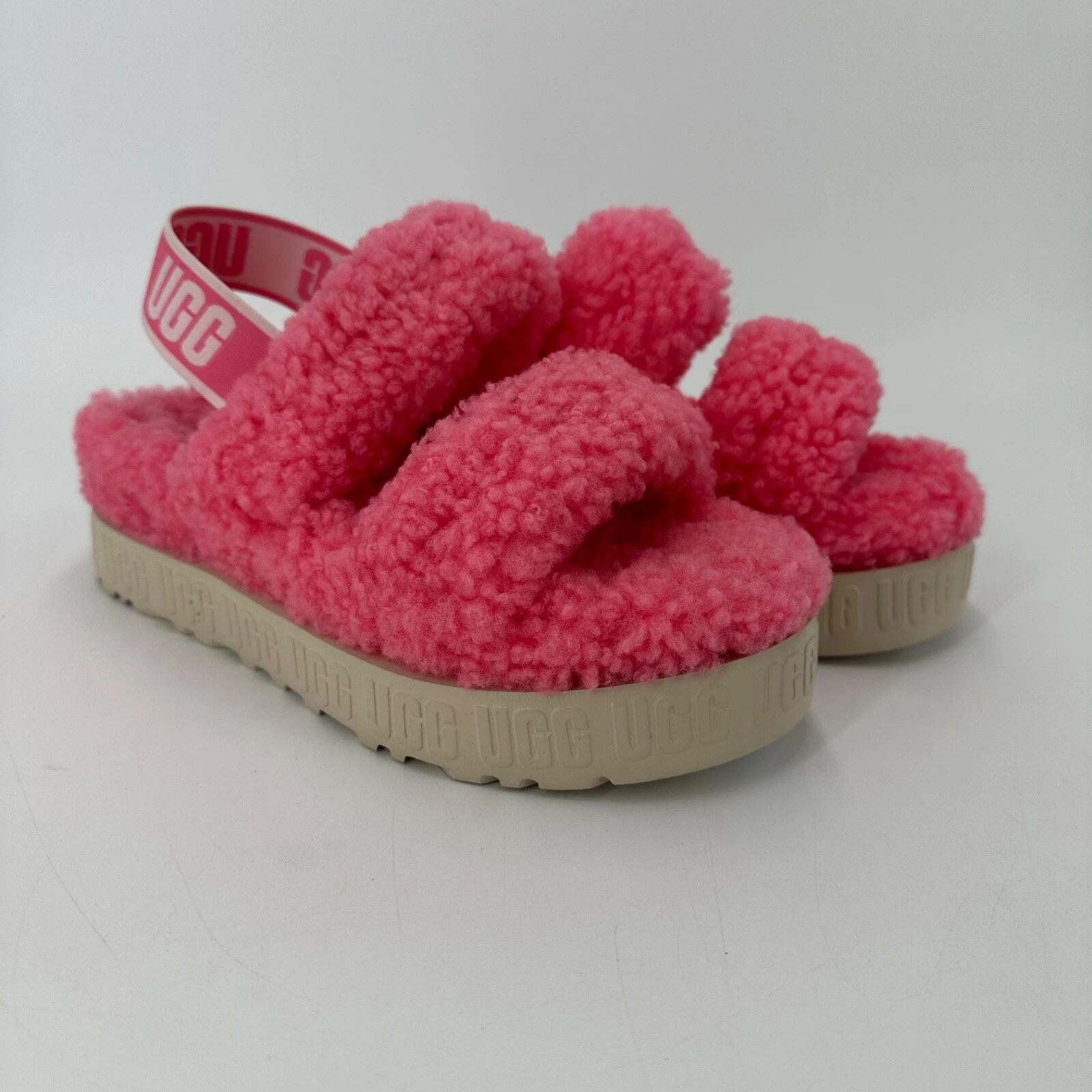 Sandali ciabatte platform UGG Oh Fluffita taglia 7 rosa pelle di pecora riccia pile