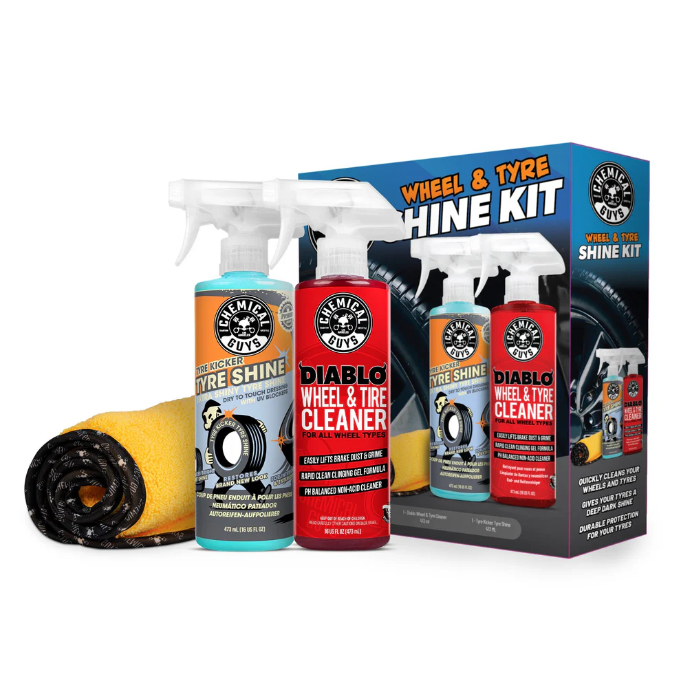 Chemical Guys Wheel and Tire Shine Kit. Tire Kicker, Diablo Wheel Cleaner, MF