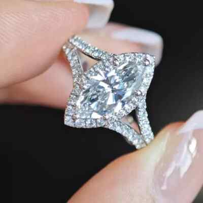 2,60 TCW Marquise Set Moissanit Halo Verlobungsring in 14K Weißgold vergoldet
