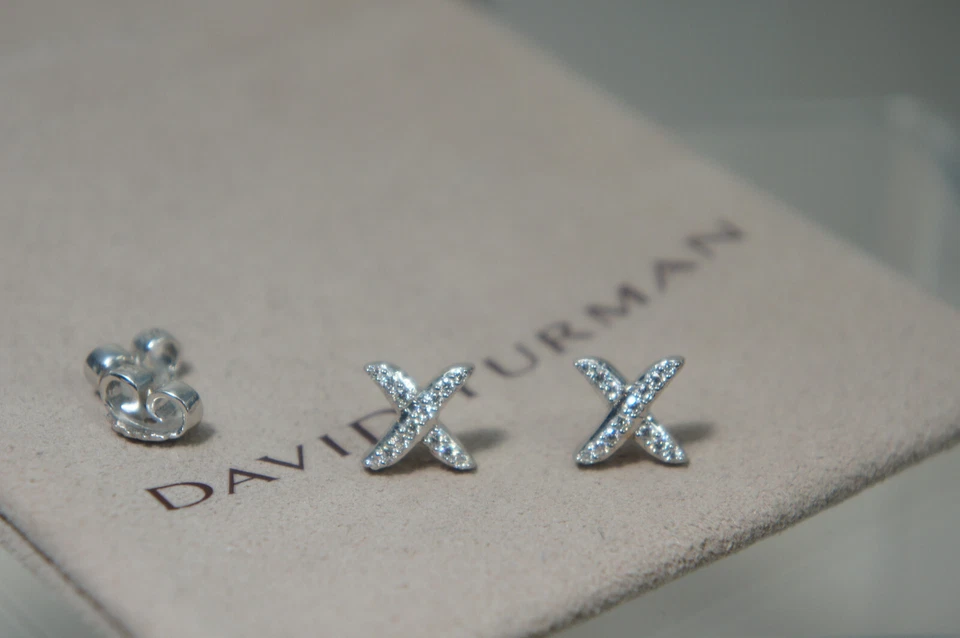 David Yurman Plata 925 585 Diamante X Poste Cruzado Aretes DY Bolsa Foto 4 de 4