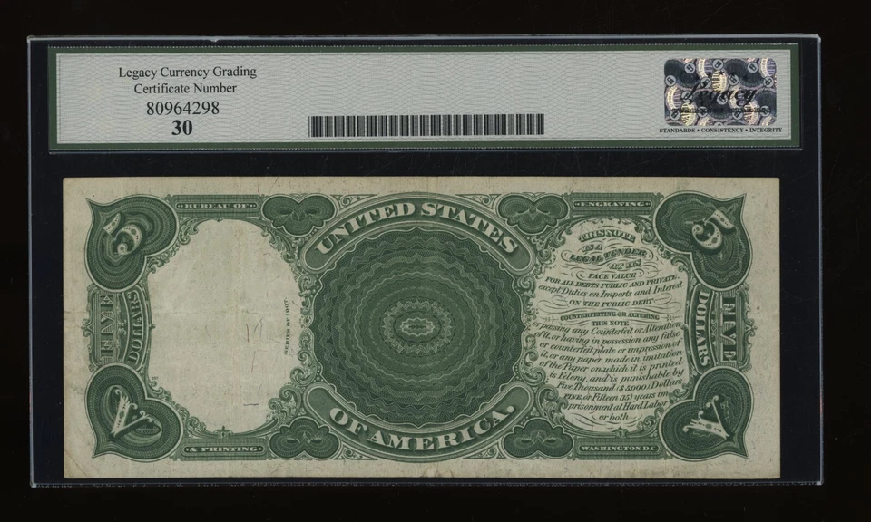 DBR 1907 $5 Woodchopper Fr. 91 Legacy 30 Serial K79986371 - Image 2 of 2