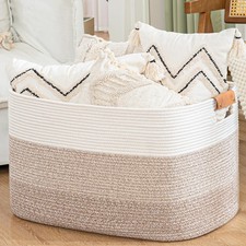 108L Large Blanket Basket for Living Room, Woven Storage Basket with Leather ...