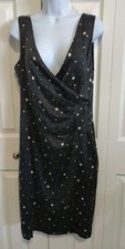 Liz Claiborne Silk Wrap Front Dress Size 14 Black Dot Sleeveless LBD Lined EUC