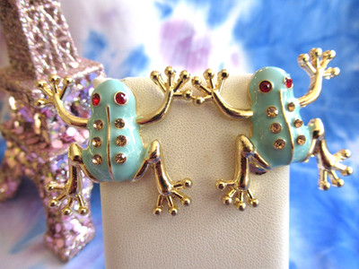Designer Style Gold-Tone Frog Stud Earrings Turquoise Enamel Crystals Red Eyes