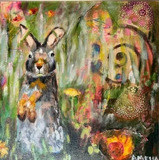 Original Art Painting OOAK Tiny Visitor II Bunny Rabbit Framed 12" x 12"