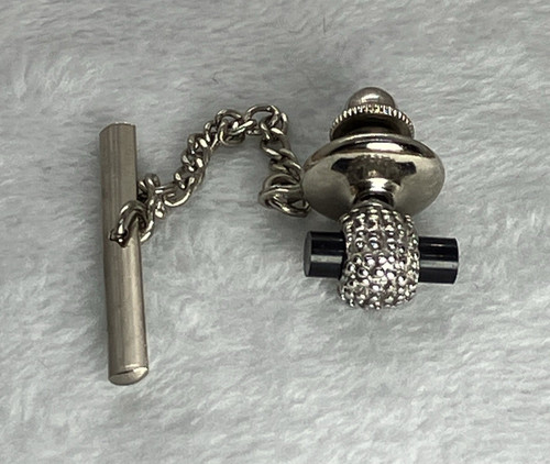 Vintage Silver Tone Black Tie Tack Pin Textured Unique Old Money MCM Estate