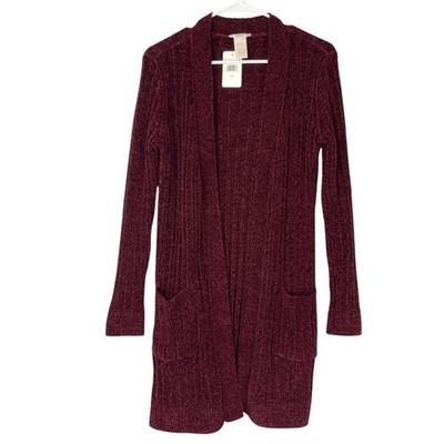 Matty M Wine Burgundy Chenille Cardigan S Open Front Long Sleeve Pockets NEW