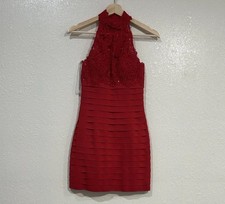 SHERRI HILL WOMENS RED HIGH NECK BANDAGE WRAP MINI DRESS Sz 0