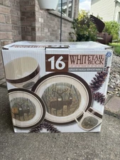 8 pc Stoneware set Folkcraft Cabela's Whitetail Buck Deer Plates Bowls Mugs