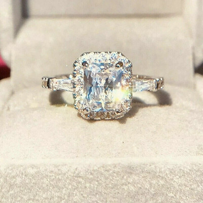 14K White Gold Finish Ring 2Ct Radiant Lab-Created Diamond Halo Engagement Ring