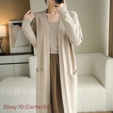 Women's Cashmere Cardigan Autumn Long Knitted V-neck Wool Coats Mid Length