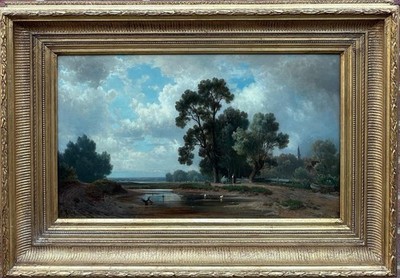 Ludwig Sckell (1833-1912): Figuren an einem Landpool, Öl auf Leinwand, signiert