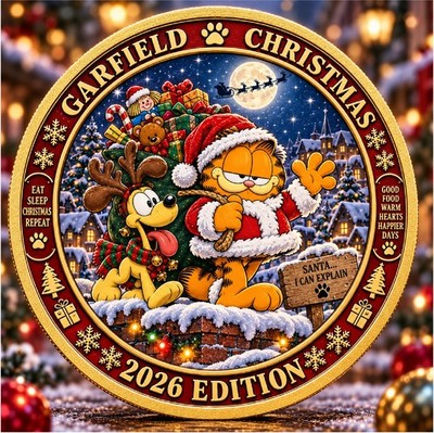 Garfield Christmas 2026 Edition Challenge Coin Santa Odie Xmas Gold Plated