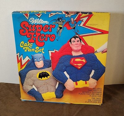 1977 Wilton Super Hero Cake Pan Baking Set Batman Superman DC Comics New in Box