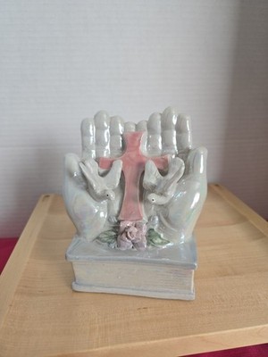Sophia-Ann Glazed Porcelain Two Hands Holding A Cross With Doves And A Rose