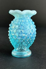 Fenton Aqua Blue Opaline Opalescent Glass Hobnail Crimp Mini Vase Collectable